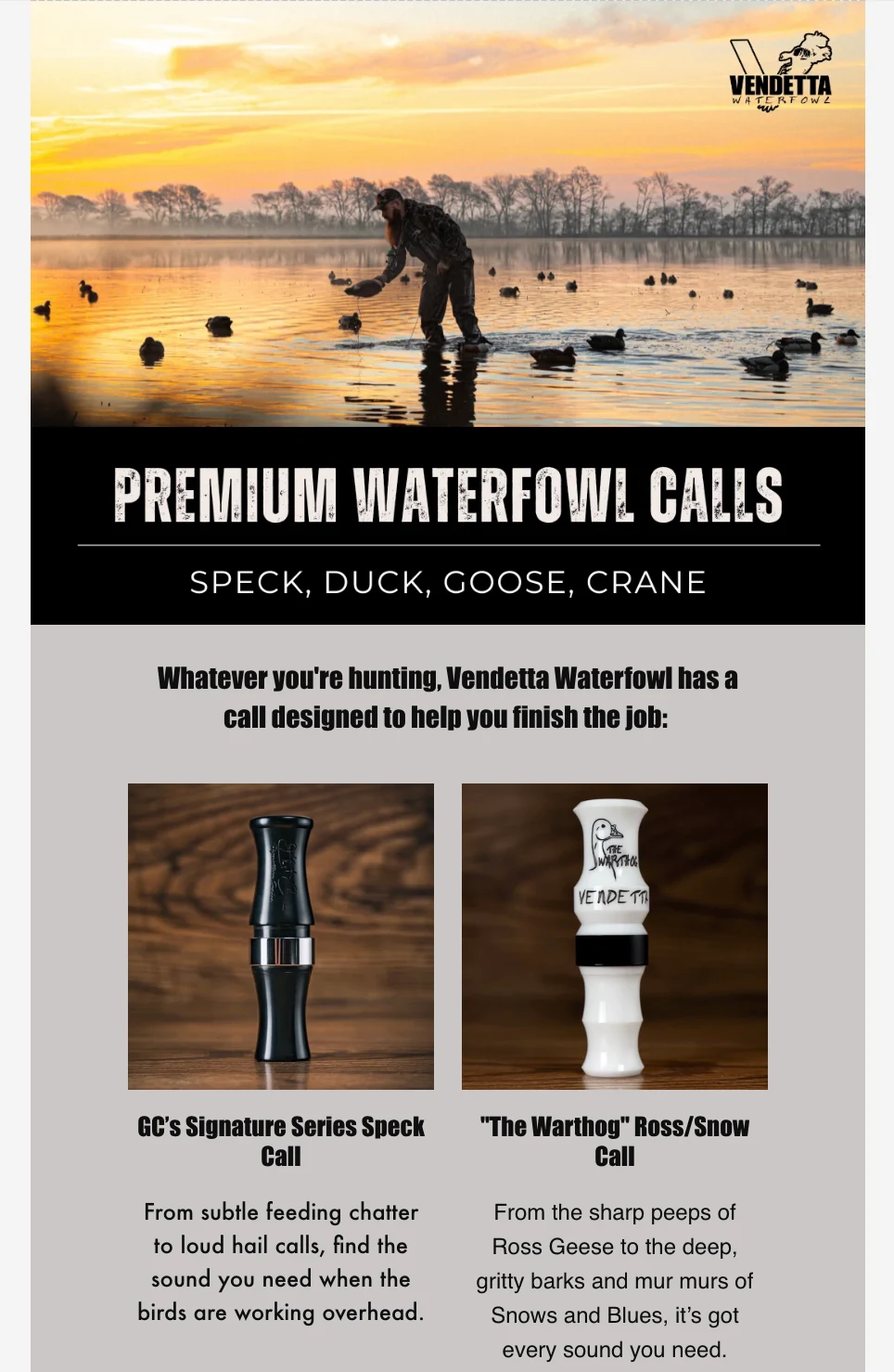 Vendetta Waterfowl email example